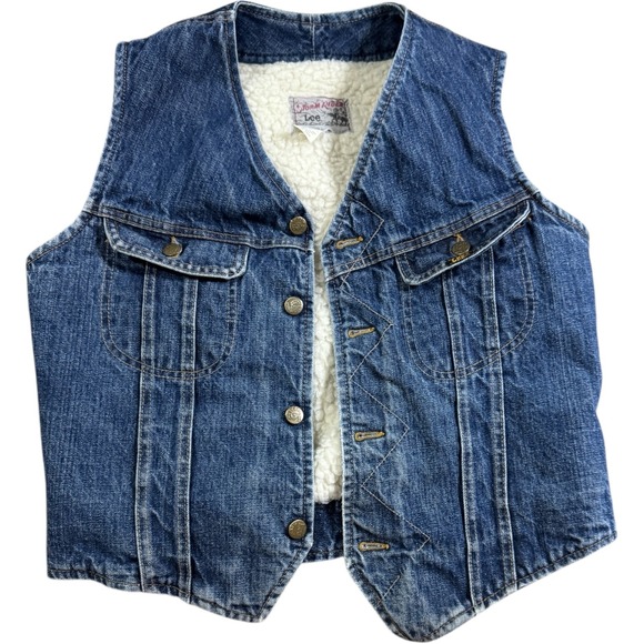 Lee Storm Rider Denim Vest Mens Sherpa Lined Vintage Western Made in USA size S - Picture 1 of 10